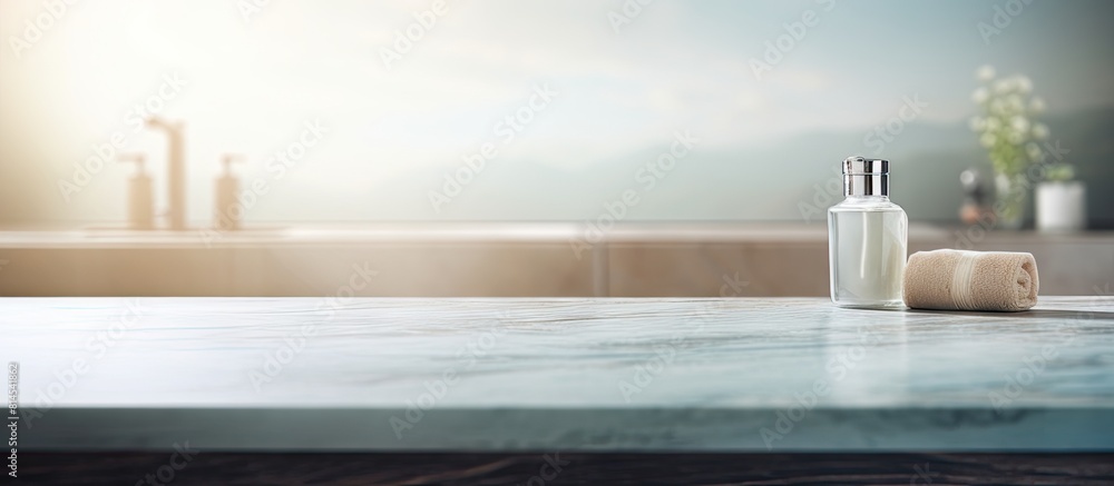 Blurry bathroom background with a table top and copy space image Blurry bathroom background with a table top and copy space image