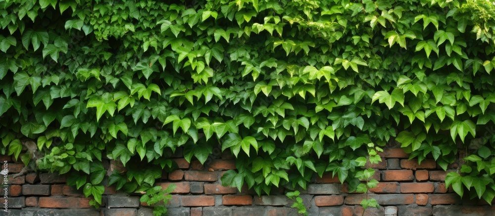 A brick wall adorned with large green leaves creates a captivating background and texture perfect for conceptual designs and copy space images 157 characters