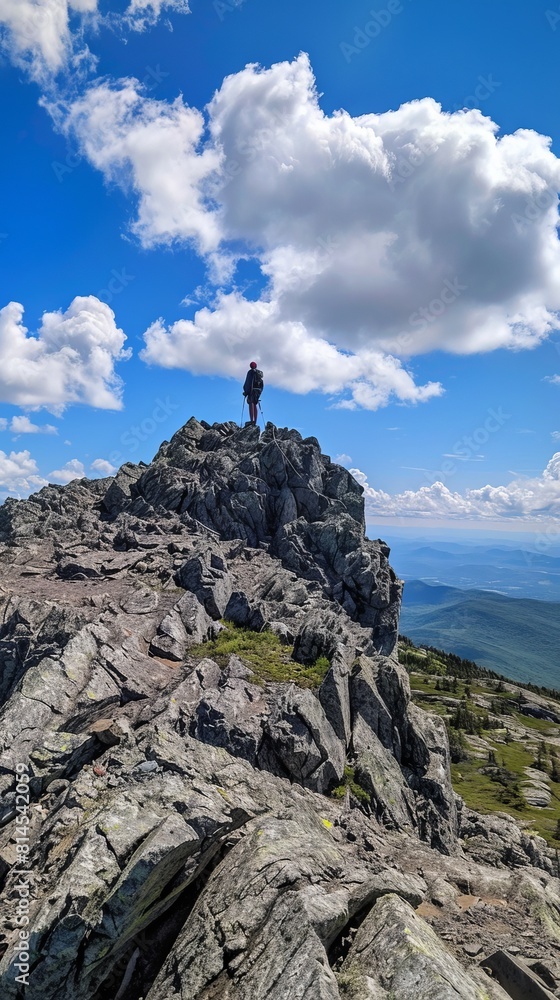Fototapeta premium one hiker stands on summit of Borestone Mountain