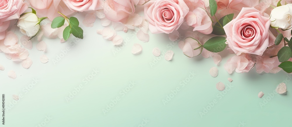 Valentine s Day and Women s Day copy space image with pink white and green flowers along with petals on a pastel vintage festive template background Valentine s Day and Women s Day copy space image with pink white and green flowers along with petals on a pastel vintage festive template background