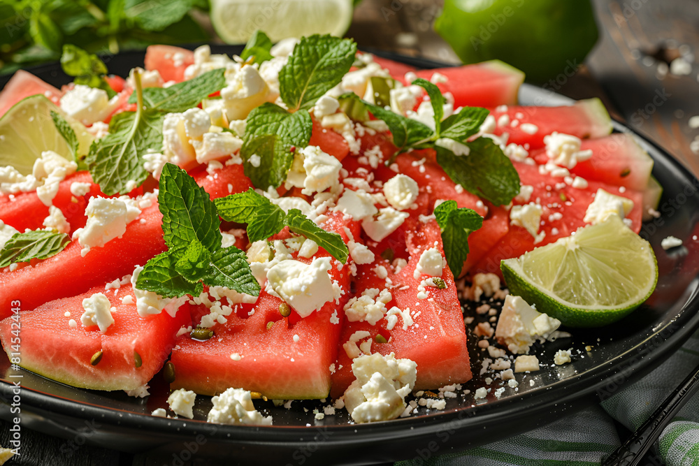 Fresh salad with water-melon, feta cheese, lime and mint.