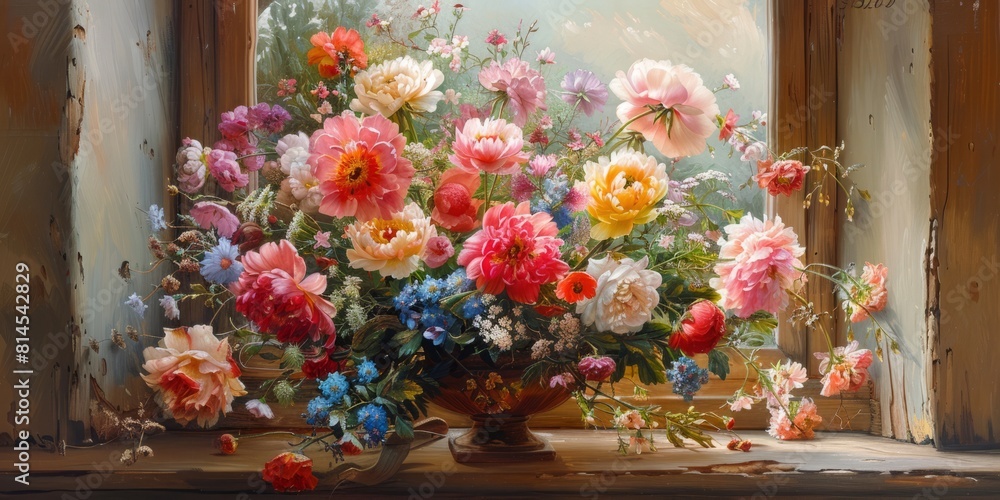 Fototapeta premium bouquet of flowers on a window sill