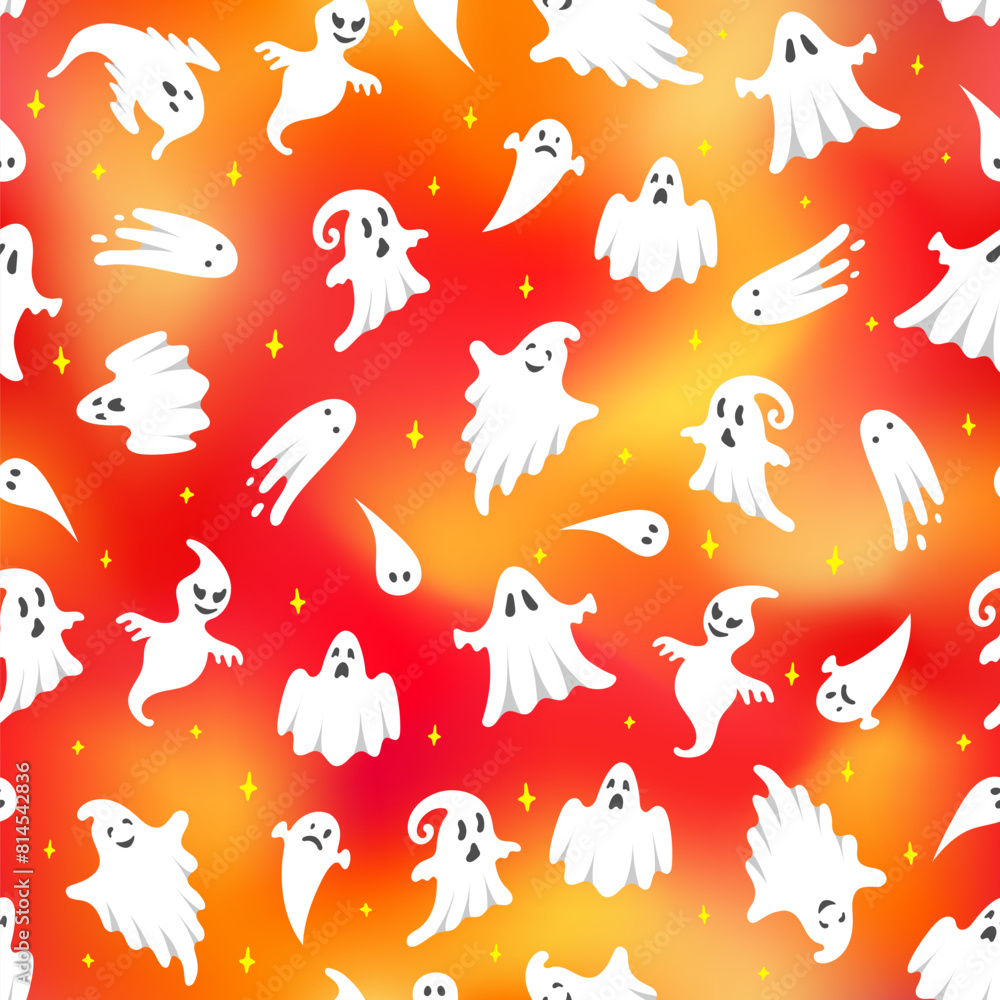 Vector Halloween ghost seamless pattern. Cute white flying ghosts on orange gradient background with stars. Spooky hand drawn cartoon character illustration for wrapping, greeting design, decoration. Vector Halloween ghost seamless pattern. Cute white flying ghosts on orange gradient background with stars. Spooky hand drawn cartoon character illustration for wrapping, greeting design, decoration.