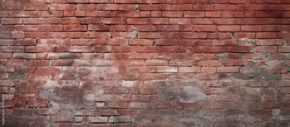 Horizontal copy space image of an aged crimson brick wall with an irregular surface set in contrast with a weathered cement backdrop Horizontal copy space image of an aged crimson brick wall with an irregular surface set in contrast with a weathered cement backdrop
