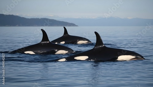 A pod of majestic orcas swimming together in the d