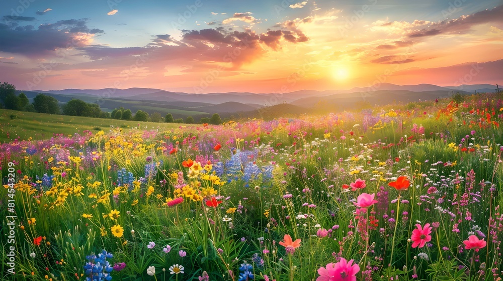 Colorful wildflower meadow at sunrise with hills in the distance