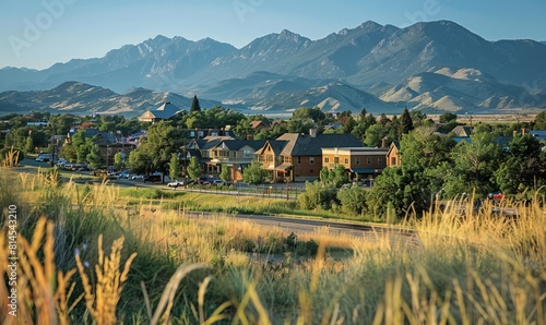 Downtown Bozeman, Montana seen from afar with mountains in the background