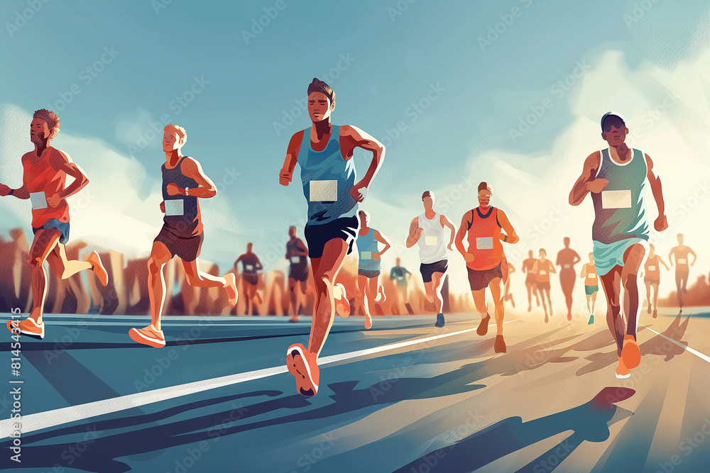 Obraz premium A group of runners are racing on a track, with one runner in the lead