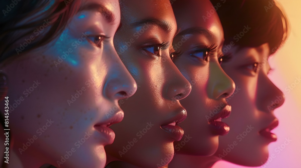 Artful portrayal of three women's side profiles in gradient lighting Artful portrayal of three women's side profiles in gradient lighting