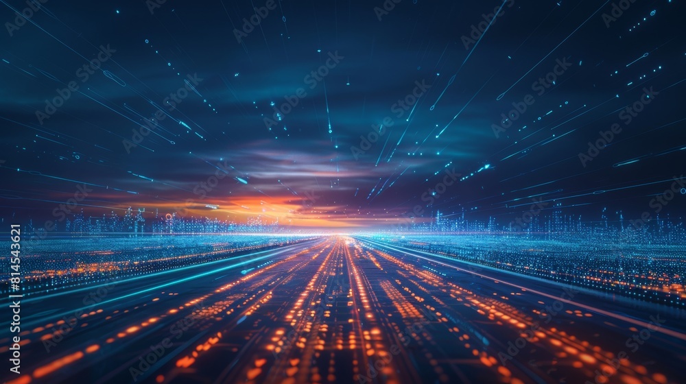 Obraz premium There is a straight line road through an empty desert, an invitation to travel, explore, escape, a journey through the difficulties and trials of life as we seek adventure and freedom in the unknown