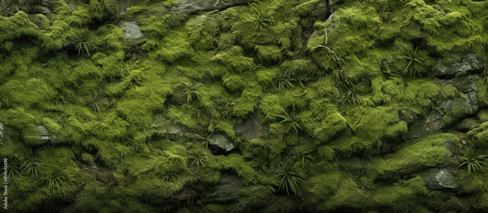 The copy space image shows a rugged stone surface covered in lush green moss enhancing its overall texture