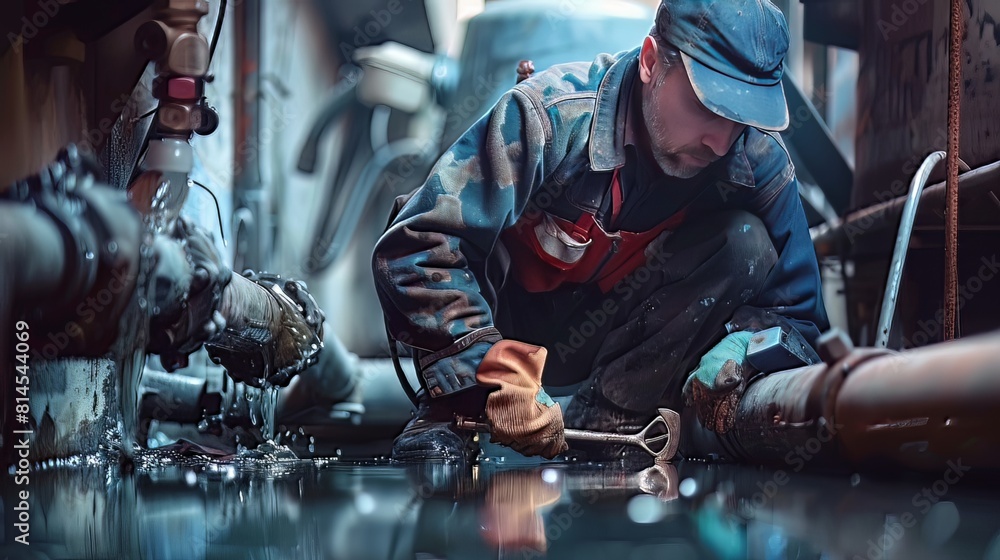 Plumber Fixing a Pipe: A skilled plumber kneels beside a leaking pipe, wrench in hand, ready to repair the damaged section and restore the flow of water Plumber Fixing a Pipe: A skilled plumber kneels beside a leaking pipe, wrench in hand, ready to repair the damaged section and restore the flow of water
