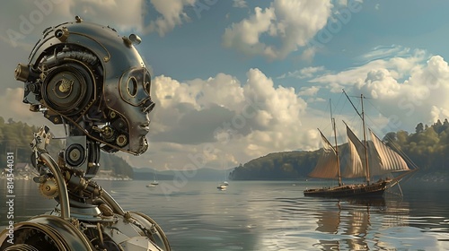 AI generated illustration of a robot standing in front of a boat in the water photo