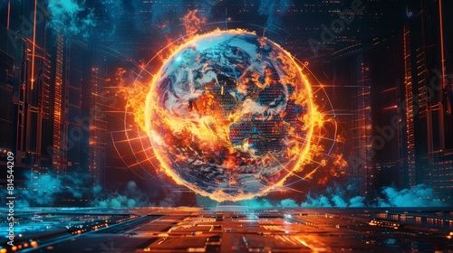 This is an illustration depicting the Earth burning into flames, with the United States destroyed by fire as a result of global warming, temperature increases, extreme heat and climate change.