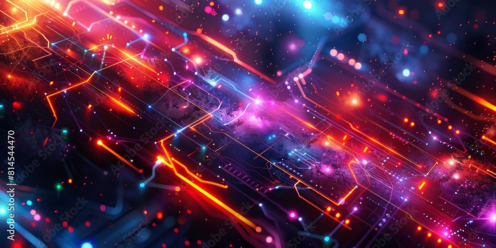 Obraz premium abstract illustration of geometric shapes and structures in colorful neon colors and lights in cyberspace against dark background