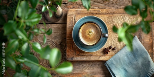 Overhead view of a cup of black coffee on a chopping board with a cafetiere, napkin and foliage