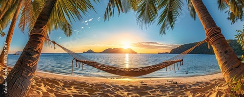 A stunning sunset over a tropical beach with a hammock strung between two palm trees. The warm golden light of the setting sun reflects on the calm ocean, creating a breathtaking and peaceful scene. photo