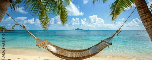 Relaxing hammock between two palms on a beach with a view of clear water and sky, perfect for peaceful retreats photo