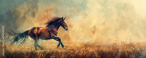 A lone brown horse gallops freely across a misty, golden-lit field with dramatic textures.