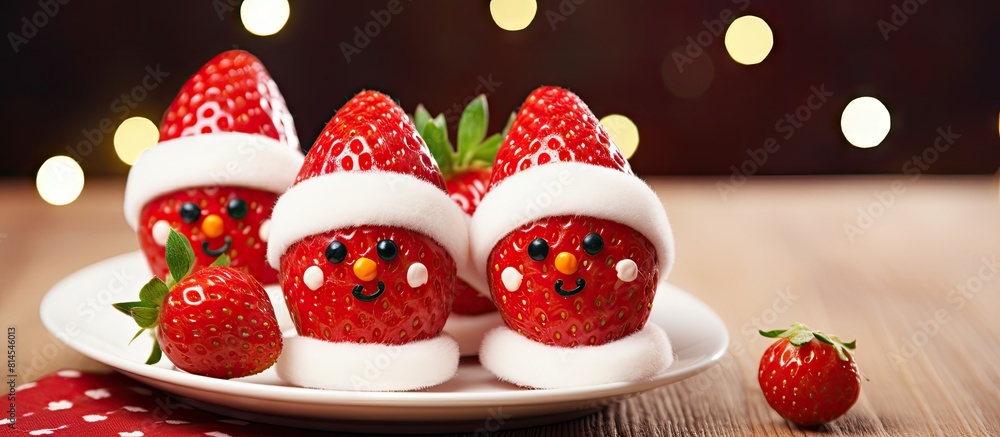 Fototapeta premium A copy space image of Strawberry Santas on a red and white polka plate is placed on a white wood table adorned with a Happy Holidays gift tag These festive treats are perfect for a fun and cute Chris