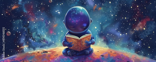 Little purple alien reading a book in space 