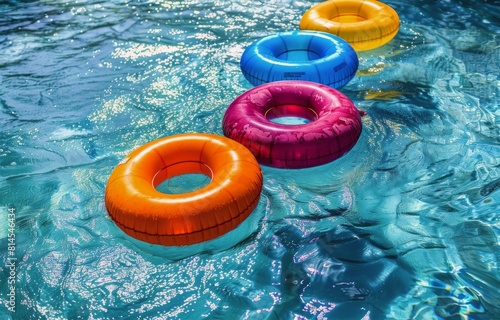 Three Inflatable Floats Drifting in Pool Water