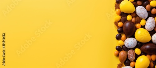 A flat lay view of a frame containing a chocolate egg and candies on a vibrant yellow background leaving space for text. with copy space image. Place for adding text or design photo