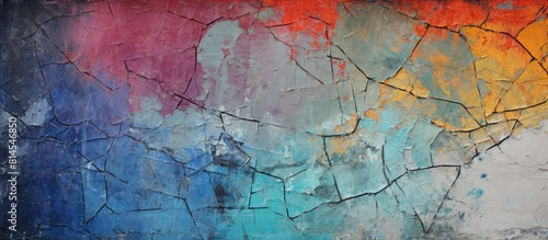 Cracked multicolored paint covers a rough textured concrete wall creating a background with a variety of colors. with copy space image. Place for adding text or design