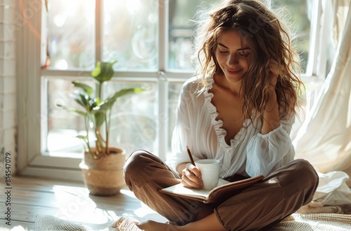 Woman Sitting on Floor Holding Cup of Coffee