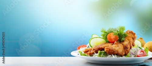 Copy space image of a blue background showcasing a delicious plate of fried fish accompanied by a fresh salad and crispy patacones photo