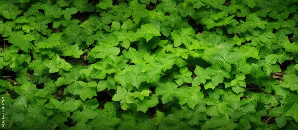 Close up view of the forest floor completely covered by a lush carpet of ivy creating a captivating copy space image Close up view of the forest floor completely covered by a lush carpet of ivy creating a captivating copy space image