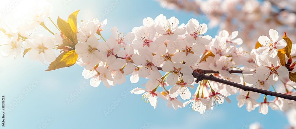Close up of a cherry blossom tree in the sun with pink flowers blooming on the branch It serves as a spring floral background with copy space for text Close up of a cherry blossom tree in the sun with pink flowers blooming on the branch It serves as a spring floral background with copy space for text