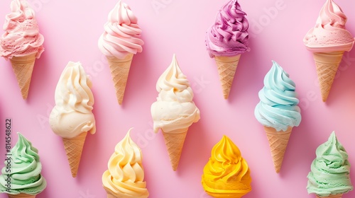 A variety of ice cream cones are arranged on a pink background. photo