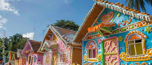 Colorful gingerbread houses with intricate designs nestled in a vibrant neighborhood in Port of Spain. photo