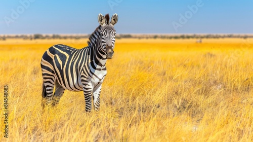 A zebra stands in a field of tall grass