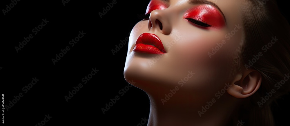 A beautiful girl with closed eyes wearing red eyeshadow and glossy lips stands out against a dark background There is copy space for the image and her skin looks clean and healthy A beautiful girl with closed eyes wearing red eyeshadow and glossy lips stands out against a dark background There is copy space for the image and her skin looks clean and healthy