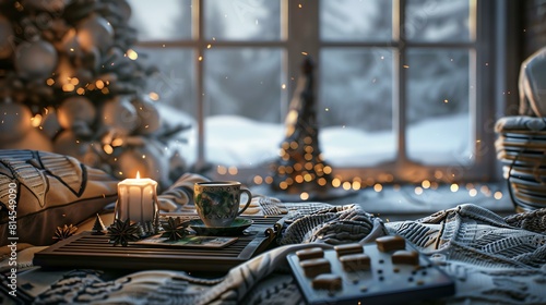 A cozy winter scene with a cup of tea, a candle, and a book. The perfect way to relax and unwind after a long day. photo