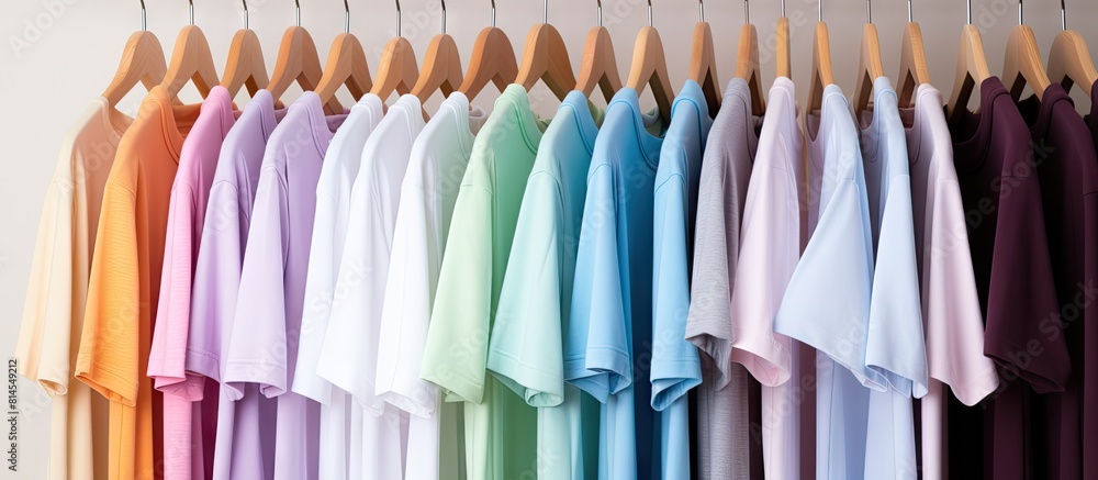 A variety of pastel colored t shirts are neatly arranged on a wooden hanger in a closet or clothing rack against a white background creating a visually appealing copy space image A variety of pastel colored t shirts are neatly arranged on a wooden hanger in a closet or clothing rack against a white background creating a visually appealing copy space image