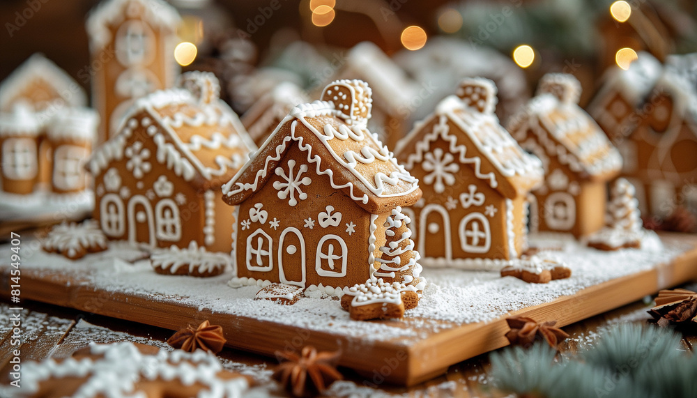 Charming view of intricate gingerbread houses covered in powdered sugar snow, surrounded by cozy, twinkling holiday lights, creating a festive Christmas ambiance for National Gingerbread Day Charming view of intricate gingerbread houses covered in powdered sugar snow, surrounded by cozy, twinkling holiday lights, creating a festive Christmas ambiance for National Gingerbread Day