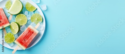 A close up image of a refreshing ice cream popsicle on a plate accompanied by watermelon slices an ice cube and a lime The blue background adds to the vibrant top view aesthetic