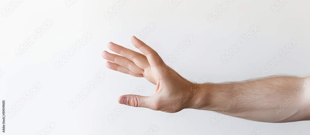 A man s hand with four fingers extended is visible on a white background inside a lightbox creating a copy space image A man s hand with four fingers extended is visible on a white background inside a lightbox creating a copy space image