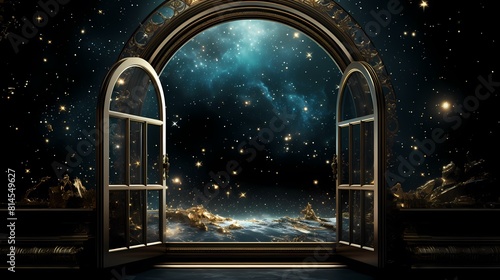 Digital technology explores the universe space window poster background