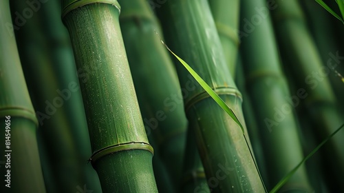 The image is a close-up of a bamboo forest. The bamboo stalks are green and have a smooth texture.