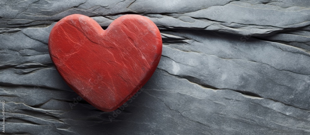 Obraz premium A red wooden heart is placed on a textured grey stone background creating a rustic and charming atmosphere The image provides ample space for written content or text making it a great choice for love