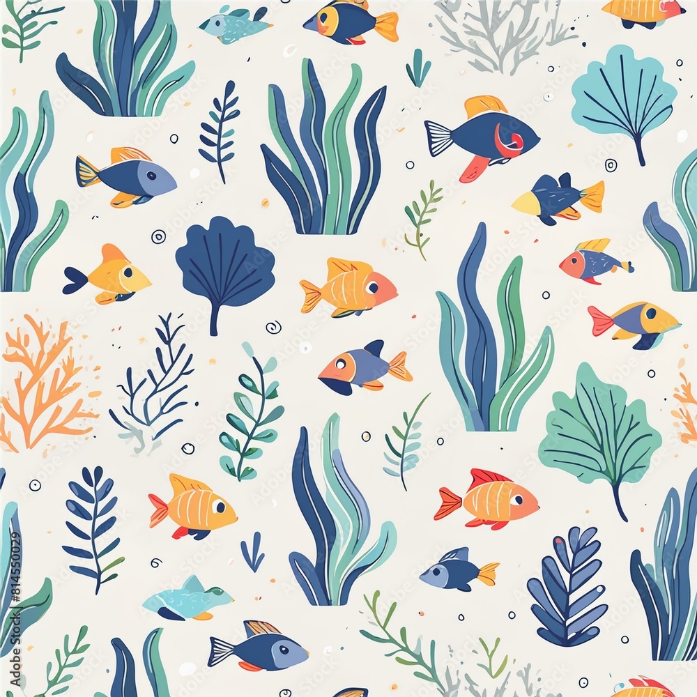 Obraz premium a pattern showcasing underwater marine life, including fish, coral, and seaweed, with a harmonious blend of blues and greens.