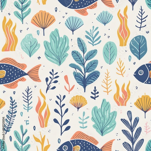 a pattern showcasing underwater marine life  including fish  coral  and seaweed  with a harmonious blend of blues and greens.