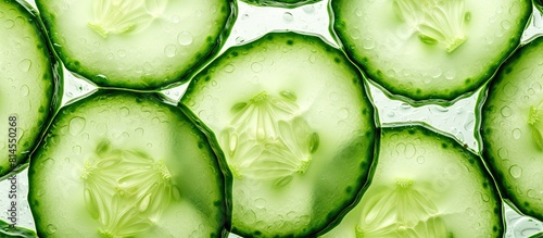 A detailed image showing slices of cucumber in a close up composition with ample empty space for text or other elements photo