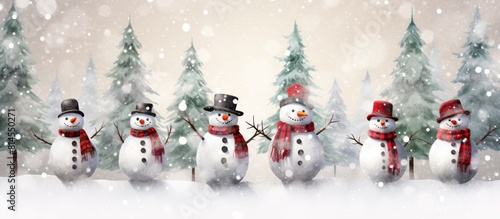 A festive Christmas card featuring cheerful snowmen in a winter wonderland with hand drawn snowy background Perfect for holiday greetings Includes copy space for your personalized message © vxnaghiyev