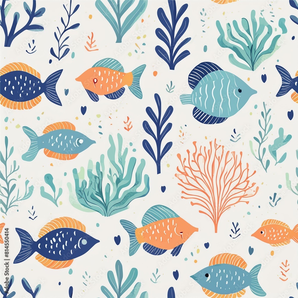 a pattern showcasing underwater marine life, including fish, coral, and seaweed, with a harmonious blend of blues and greens. a pattern showcasing underwater marine life, including fish, coral, and seaweed, with a harmonious blend of blues and greens.