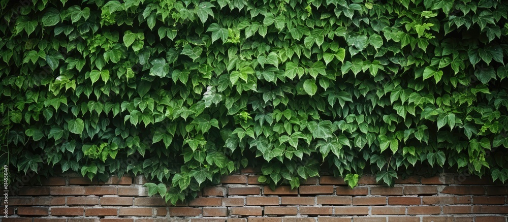 A brick wall adorned with large green leaves creates a captivating background and texture perfect for conceptual designs and copy space images 157 characters A brick wall adorned with large green leaves creates a captivating background and texture perfect for conceptual designs and copy space images 157 characters